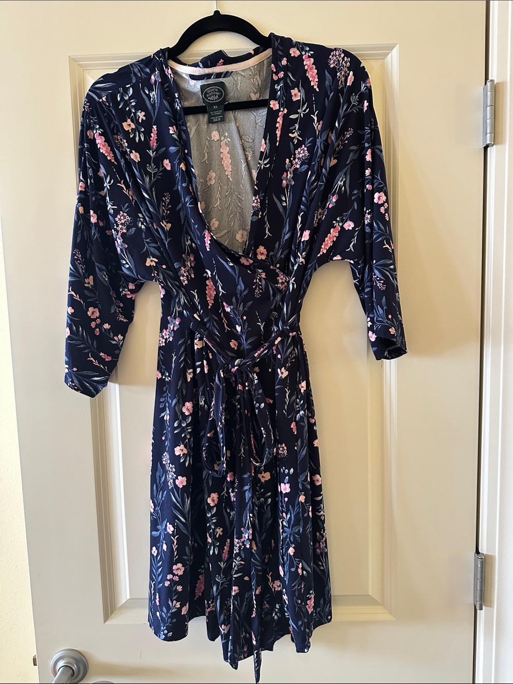 Laura Ashley Navy Floral Wrap Robe with Pink Blossoms